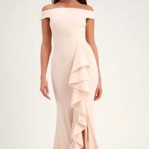 Lulus Mila Ruffled Off-the-Shoulder Maxi Dress Gown in Navy - XS